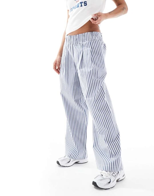 ASOS DESIGN Petite exaggerated pull on wide leg trousers in blue stripe - Image 2