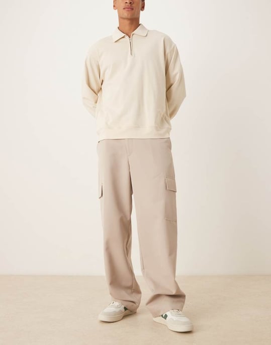 ASOS DESIGN smart wide leg cargo trousers in stone with elasticated waist - Image 2