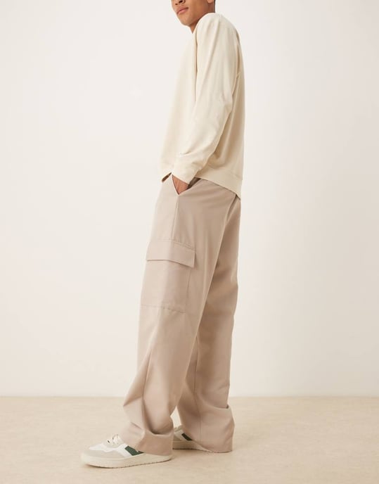 ASOS DESIGN smart wide leg cargo trousers in stone with elasticated waist - Image 3