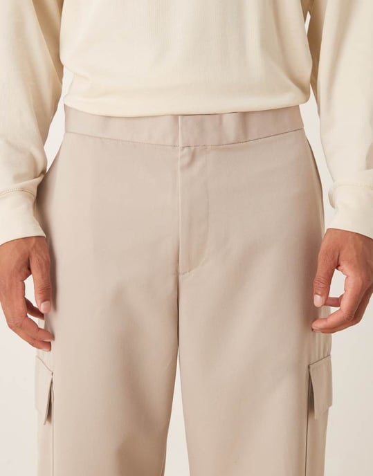 ASOS DESIGN smart wide leg cargo trousers in stone with elasticated waist - Image 4