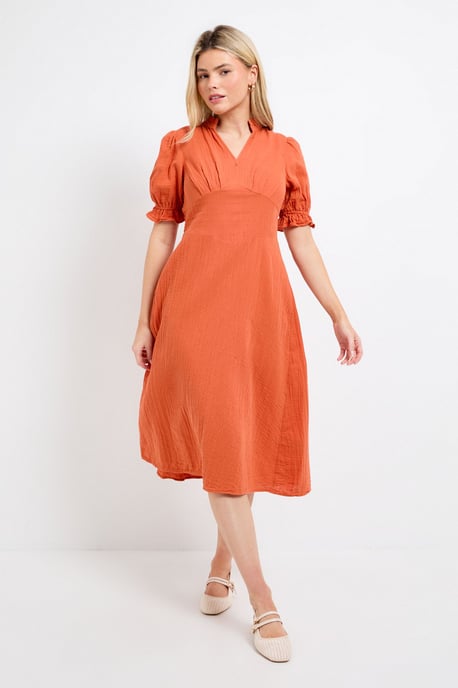 Petite Orange Lace Trim V Neck Puff Sleeve Midi Dress - Image 1
