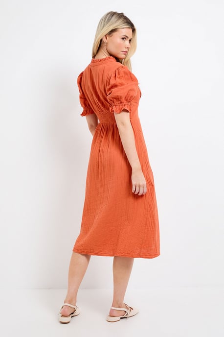 Petite Orange Lace Trim V Neck Puff Sleeve Midi Dress - Image 3