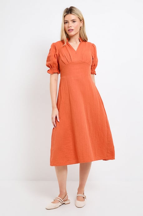 Petite Orange Lace Trim V Neck Puff Sleeve Midi Dress - Image 4