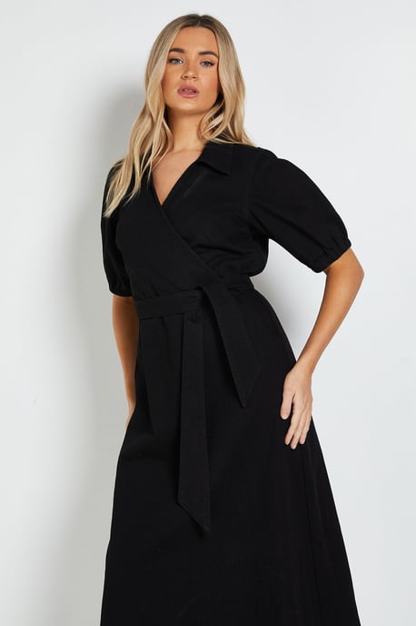 Volume Sleeve Wrap Midi Denim Dress - Image 2