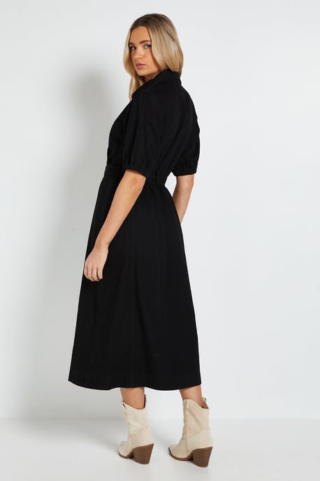 Volume Sleeve Wrap Midi Denim Dress - Image 3