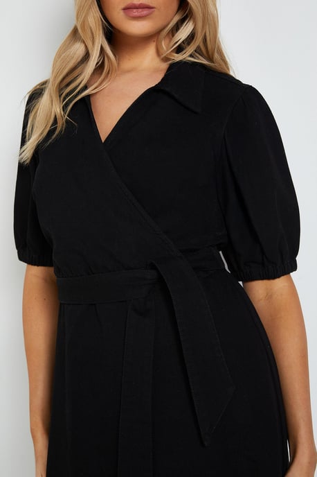 Volume Sleeve Wrap Midi Denim Dress - Image 4