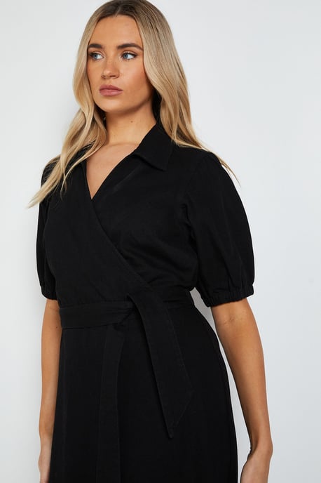 Volume Sleeve Wrap Midi Denim Dress - Image 5