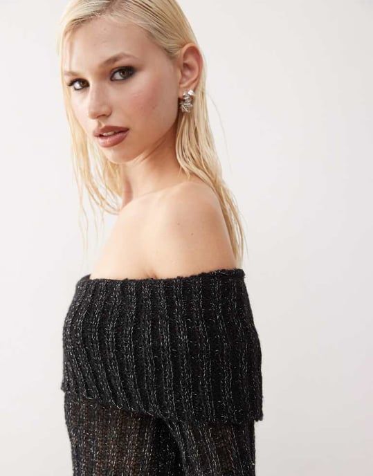 Monki långärmad off-shoulder stickad topp i svart - Image 3