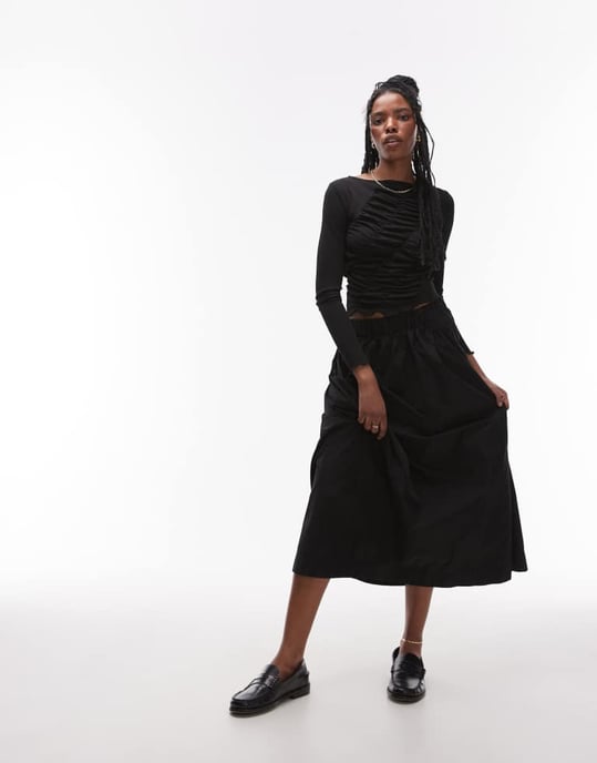 Topshop long sleeve shirred top in black - Image 2