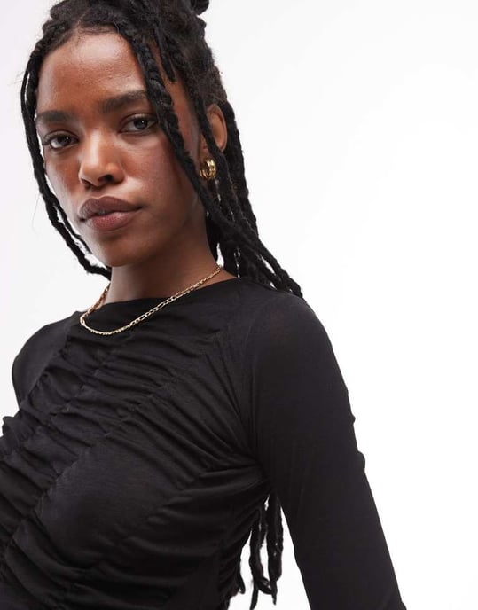 Topshop long sleeve shirred top in black - Image 3