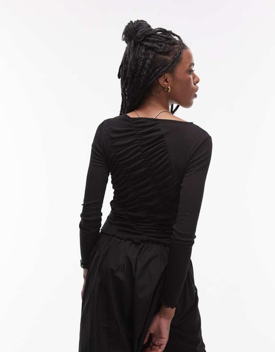 Topshop long sleeve shirred top in black - Image 4