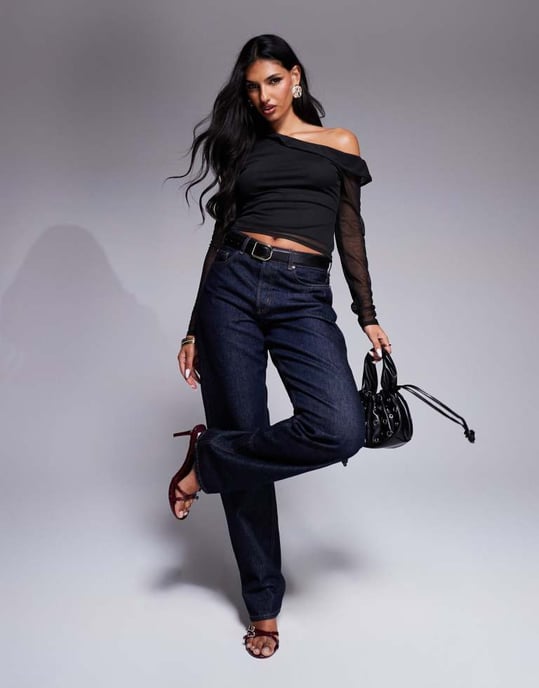 ASOS DESIGN långärmad off-shoulder topp i svart mesh - Image 2