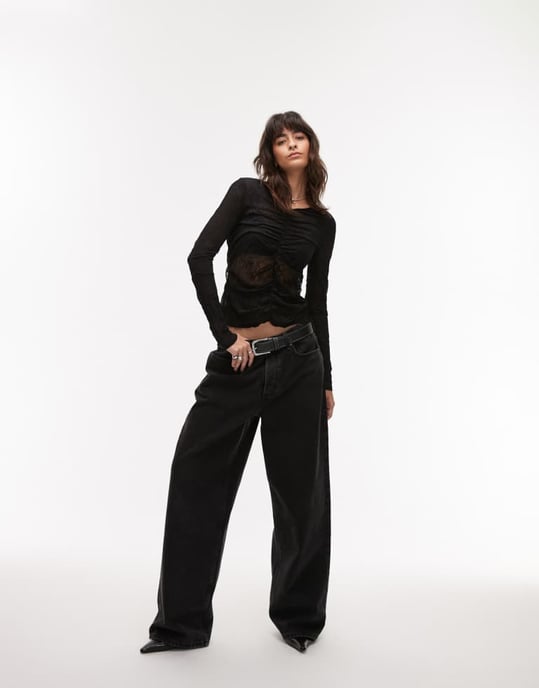Topshop crinkle lace mix long sleeve top in black - Image 2