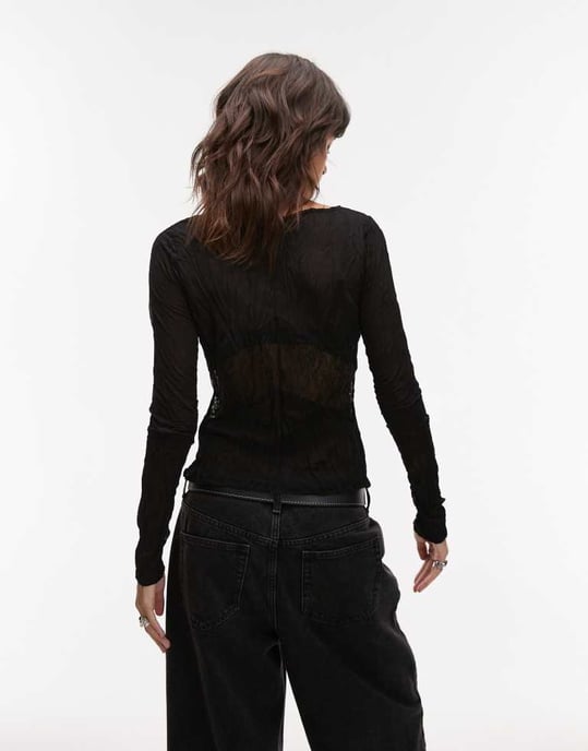 Topshop crinkle lace mix long sleeve top in black - Image 3