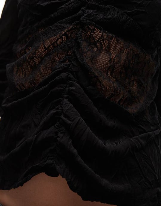 Topshop crinkle lace mix long sleeve top in black - Image 4