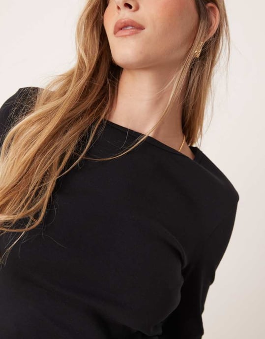 Gina Tricot jersey ribb rundhalsad långärmad topp i svart - Image 3