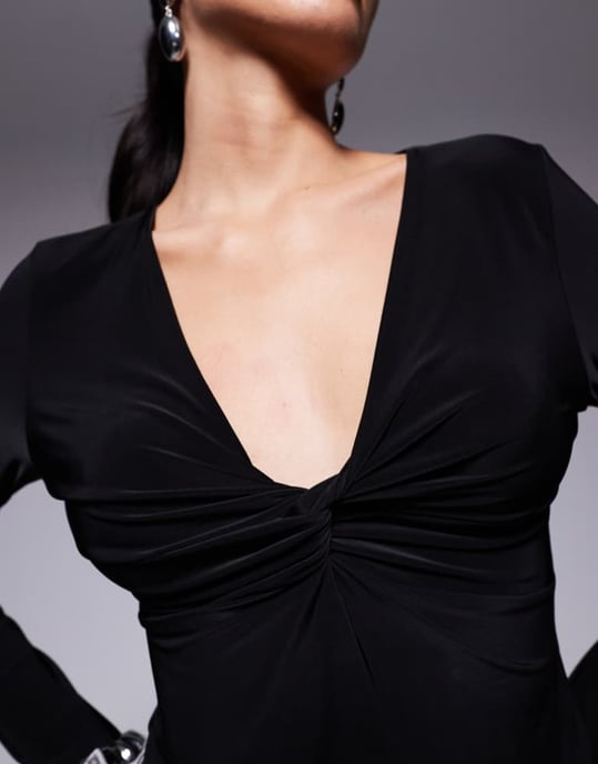 ASOS DESIGN slinky long sleeve twist bust top in black - Image 3