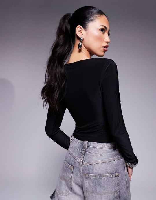 ASOS DESIGN slinky long sleeve twist bust top in black - Image 4