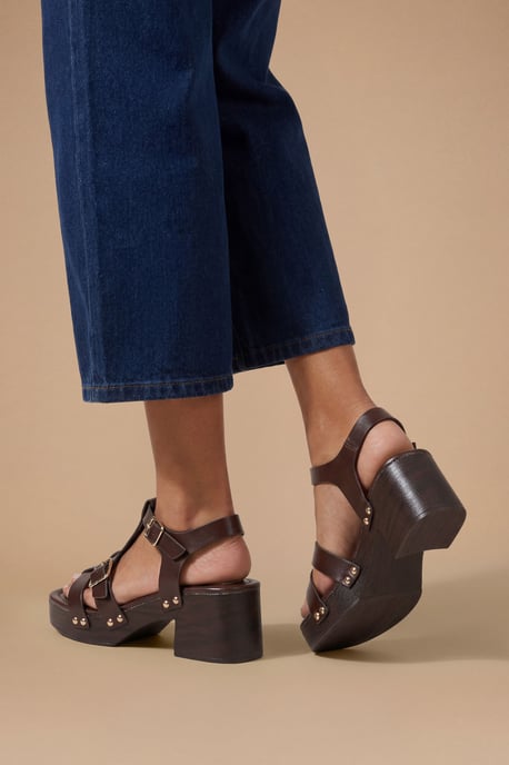 Jasmin Faux Leather Wood Effect Block Heel Platform Sandals - Image 2
