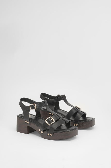 Jasmin Faux Leather Wood Effect Block Heel Platform Sandals - Image 1