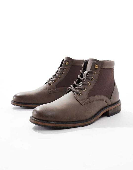 ASOS DESIGN lace up worker boots in brown with canvas detail - Image 3