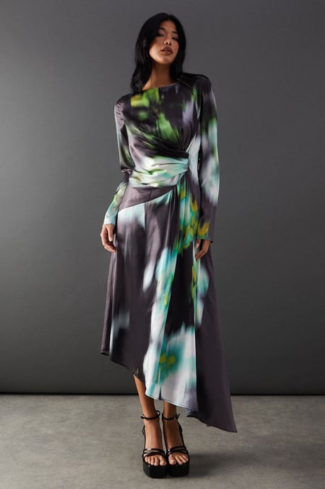 Printed Satin Knot Front Asymmetric Hem Midi Dress - Image 1