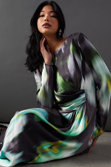 Printed Satin Knot Front Asymmetric Hem Midi Dress - Image 2