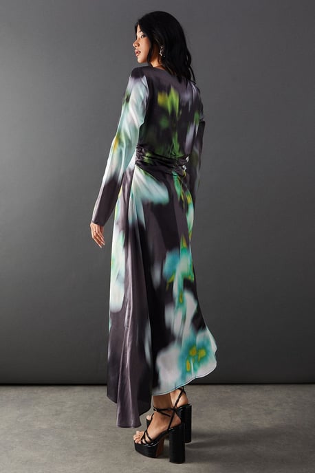 Printed Satin Knot Front Asymmetric Hem Midi Dress - Image 3