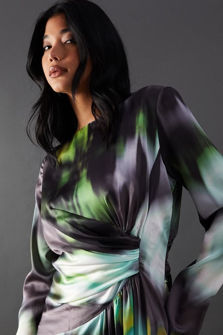 Printed Satin Knot Front Asymmetric Hem Midi Dress - Image 4