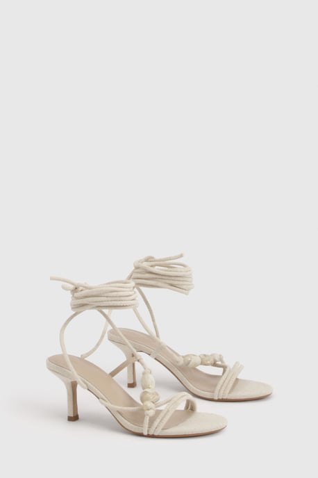 Linen Bead Detail Asymmetric Strappy Stiletto Heels - Image 2