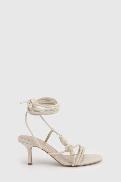 Linen Bead Detail Asymmetric Strappy Stiletto Heels - Image 3