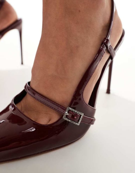 Public Desire Forget Me Not Wide Fit sling back pointed heeled shoes in cherry red patent - Image 4