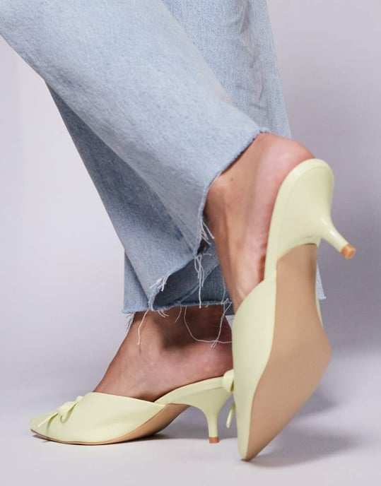 Public Desire Wide Fit Lionheart pointed kitten heel mules with bow in yellow - Image 2