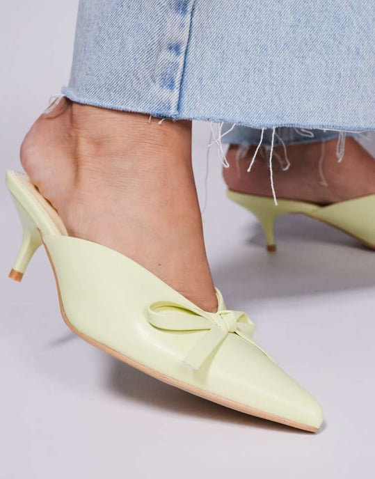 Public Desire Wide Fit Lionheart pointed kitten heel mules with bow in yellow - Image 3