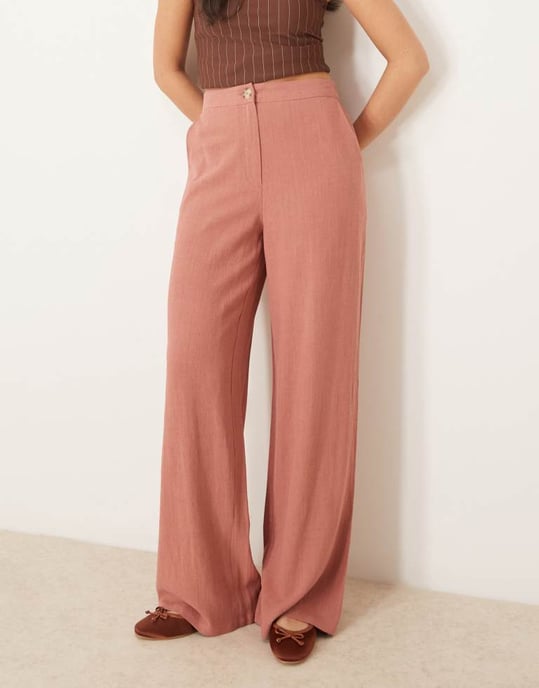 ASOS DESIGN relaxed straight leg trousers with linen in Apricot - Image 4