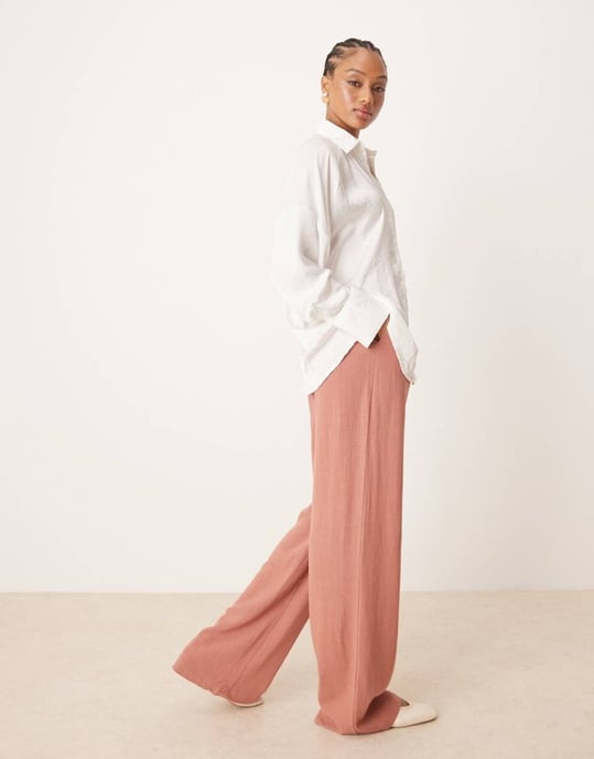 ASOS DESIGN Tall relaxed straight leg trousers with linen in Apricot - Image 3
