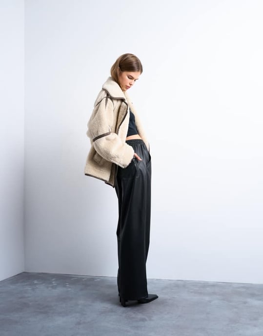 Topshop drawstring pull on faux leather straight leg trouser in black - Image 3