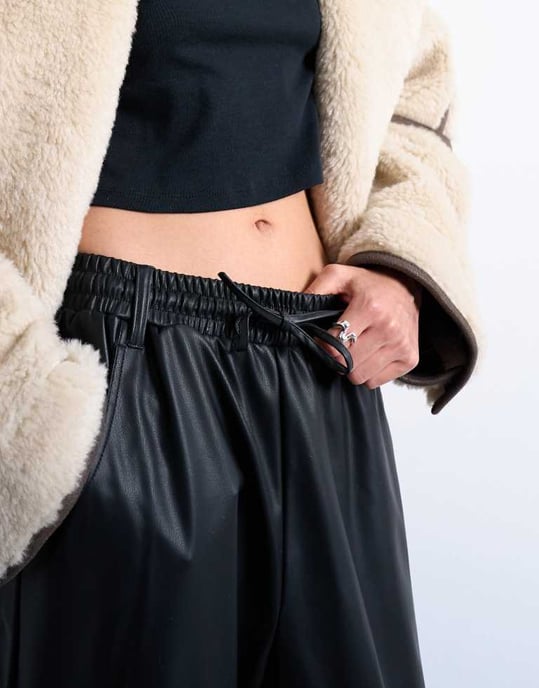 Topshop drawstring pull on faux leather straight leg trouser in black - Image 4