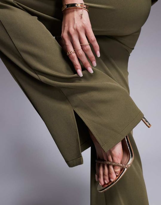 Kaiia exclusive straight leg front seam trousers co-ord in khaki - Image 3