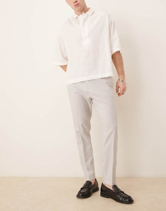 ASOS DESIGN smart tapered fit linen blend trousers in light grey with turnups - Image 1
