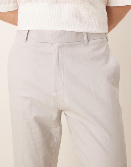ASOS DESIGN smart tapered fit linen blend trousers in light grey with turnups - Image 2