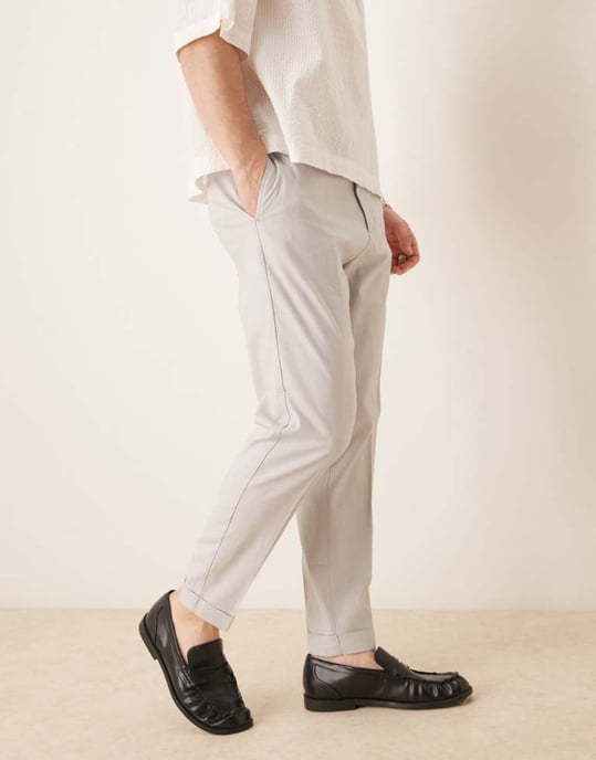 ASOS DESIGN smart tapered fit linen blend trousers in light grey with turnups - Image 3