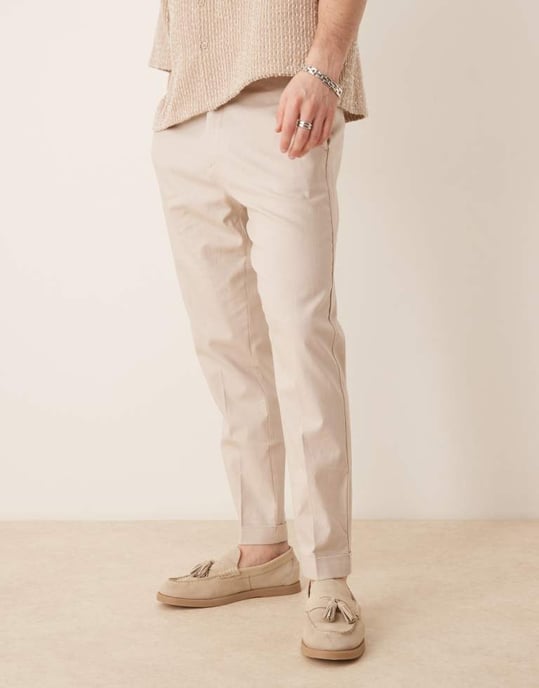 ASOS DESIGN smart tapered fit linen blend trousers in stone with turnups - Image 3
