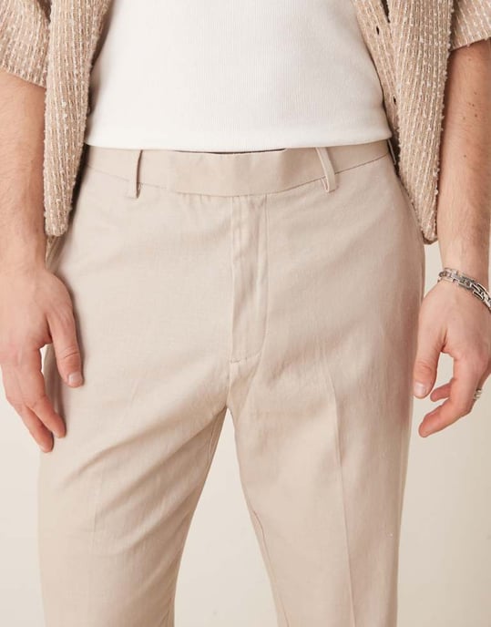 ASOS DESIGN smart tapered fit linen blend trousers in stone with turnups - Image 4