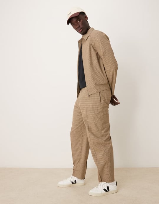 ASOS DESIGN smart co-ord oversized tapered trousers in stone micro check with elasticated waist - Image 1