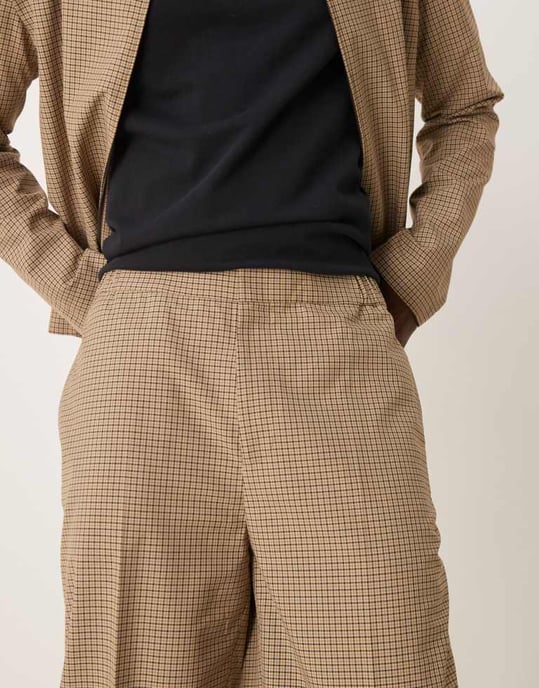 ASOS DESIGN smart co-ord oversized tapered trousers in stone micro check with elasticated waist - Image 2