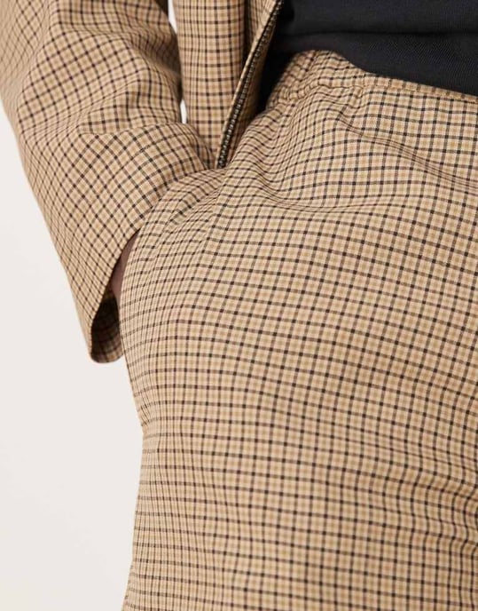 ASOS DESIGN smart co-ord oversized tapered trousers in stone micro check with elasticated waist - Image 4