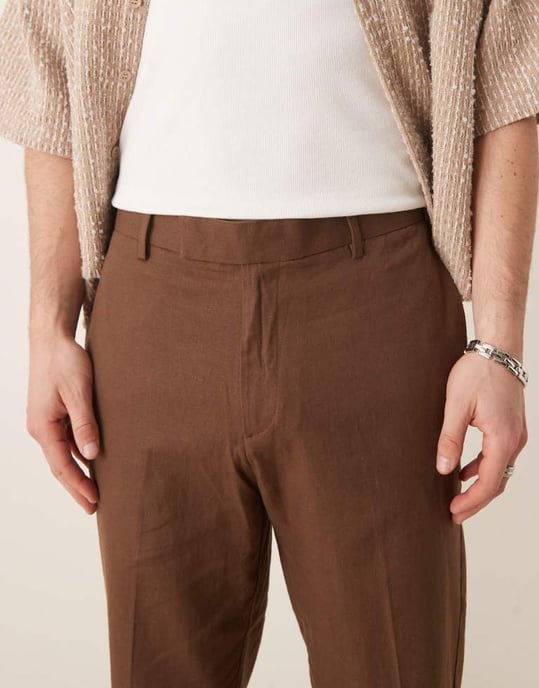 ASOS DESIGN smart tapered fit linen blend trousers in brown with turnups - Image 2