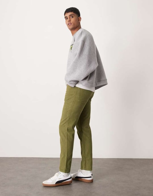 ASOS DESIGN tapered cord trousers in khaki - Image 3