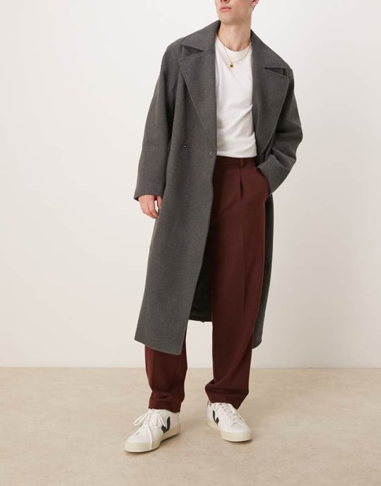 ASOS DESIGN smart oversized tapered pleated trousers in burgundy with wool twill - Image 1